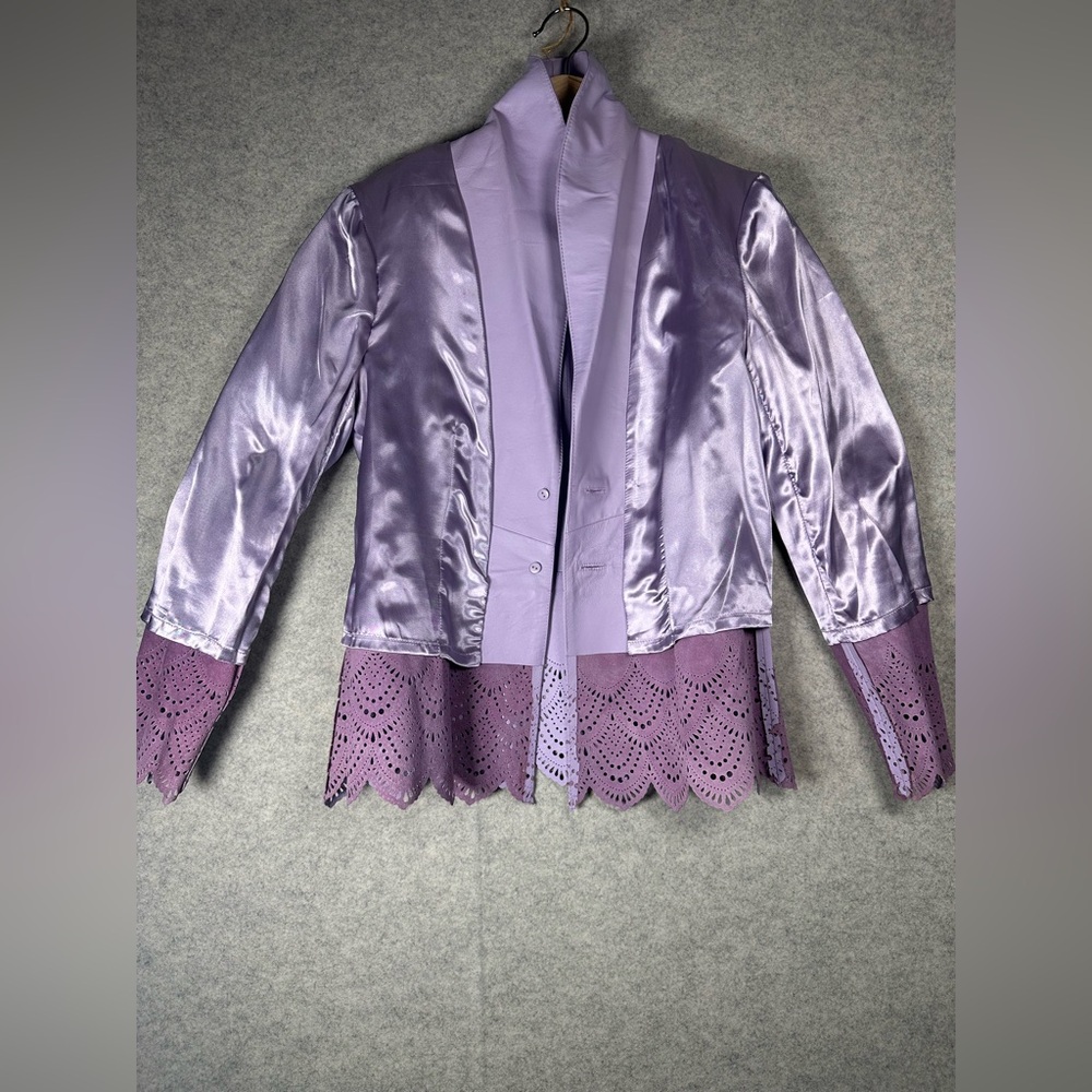 Terry Lewis Classic Luxuries Lavender Leather Scalloped Lined Blazer xs s - Picture 7 of 10